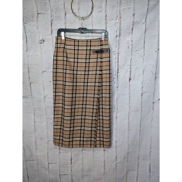 Rafaella Wrap Skirt Women's Size 8P 8 Petite Tan Black Plaid Fringe Vintage Wool - Picture 1 of 10